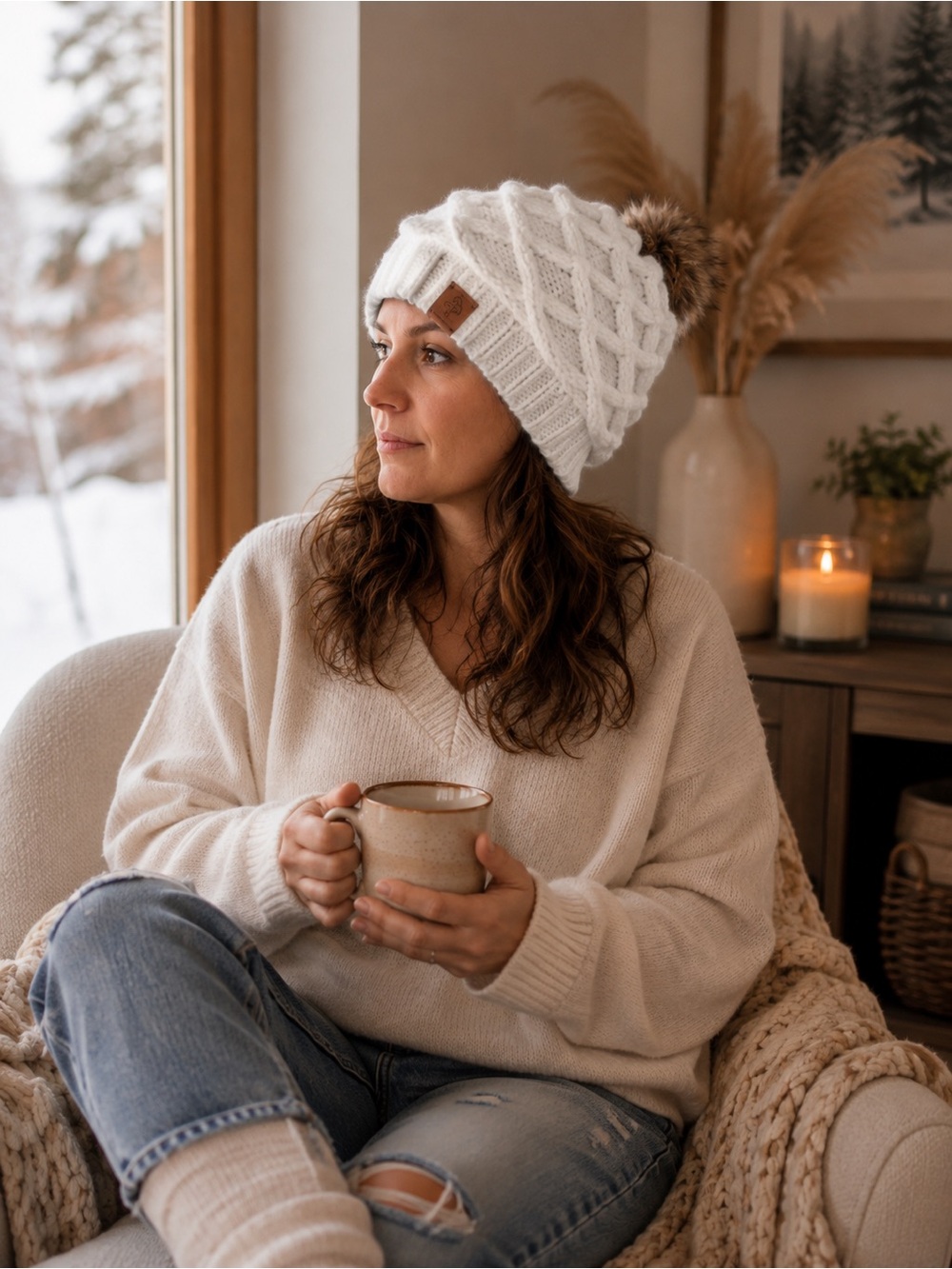 Cozy White  Pom Beanie - Women's Winter Hat